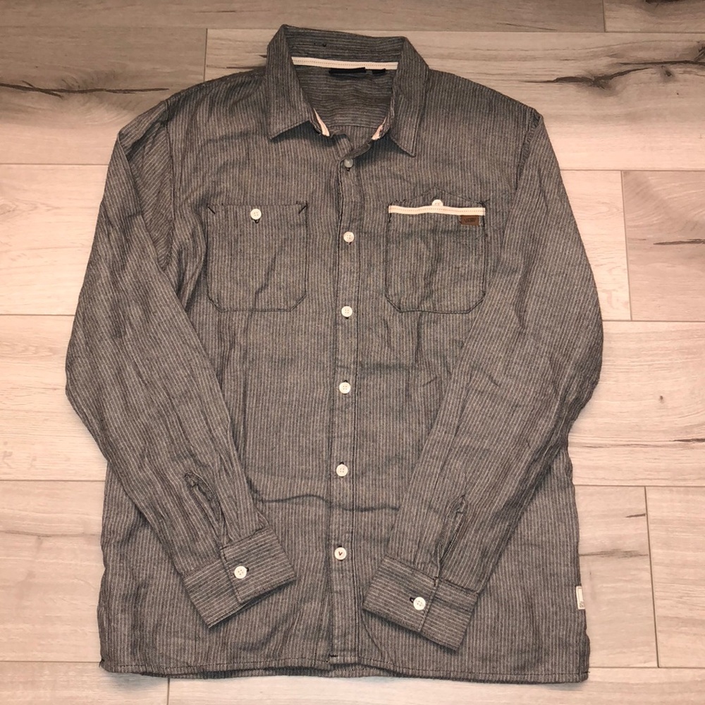 VANS Men Skateboard Button Down Shirt Black Gray herringbone stripe Medium